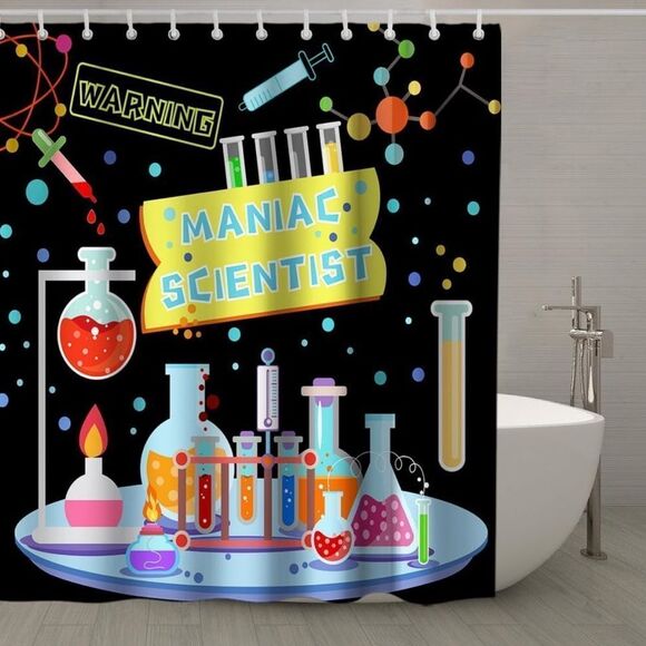 Science Shower Curtain Funny Maniac Sceientist Warning Bath Curtains Decor Sets - Picture 1 of 6